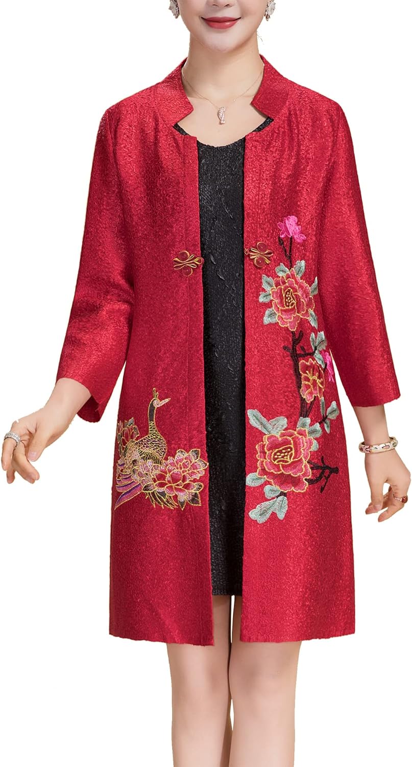 Women's Traditional Embroidery Mandarin Duck Flowers Crinkled One Button Blazer Chinese Jacket
