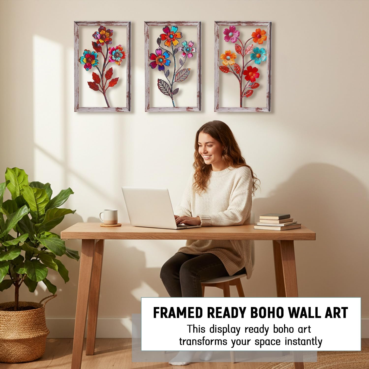 3 Pieces Metal Flowers Wall Art, 3D Boho Flower Wall Decor, Rustic Flower Wall Decor Boho Floral Bathroom Decor Metal Wall Art for Living room,Bedroom,Bathroom and Dining Room, Housewarming Gift