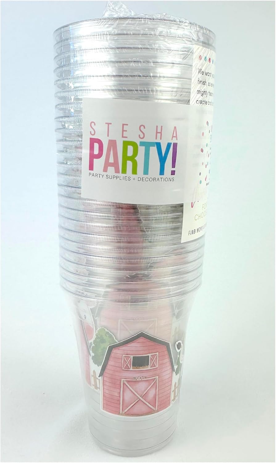 Farm Party Clear Plastic Cups, 12 oz, Pink Barn and Cow Design, Girl Birthday or Baby Shower, 24 Count