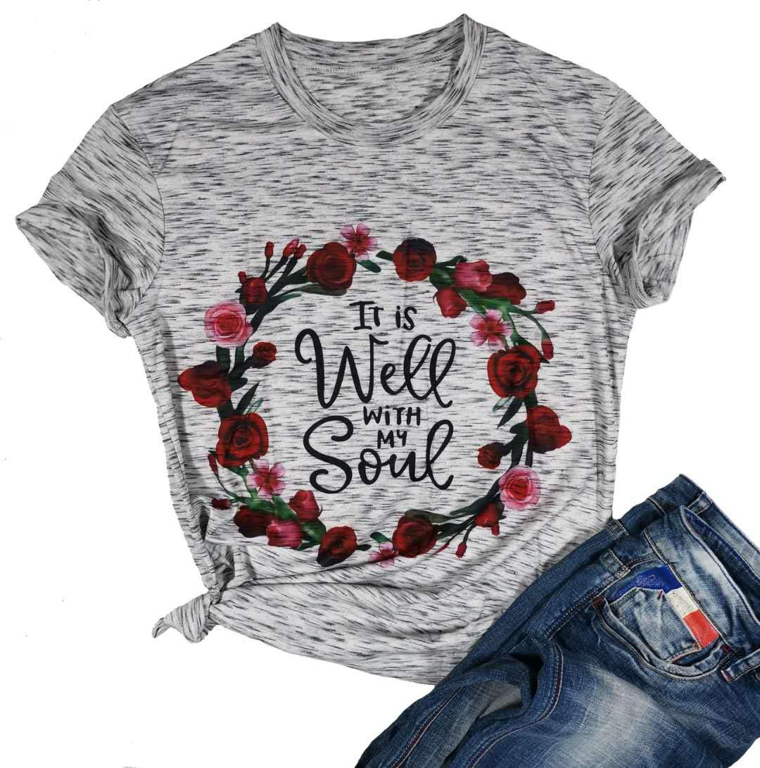 YUYUEYUEIt is Well My Soul Christian T Shirt Women Flower Pattern Graphic Cute Short Sleeve Tees Top