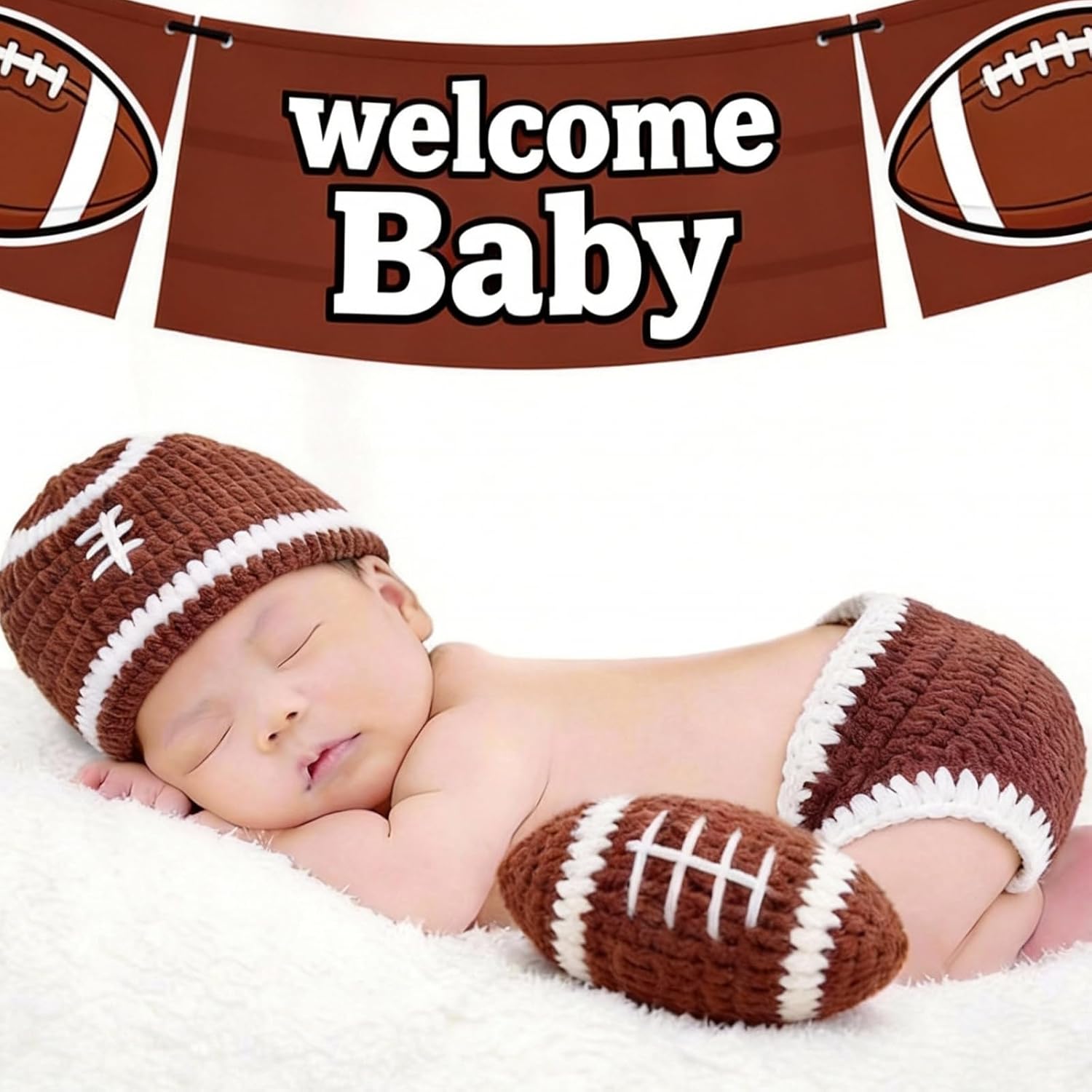 Baby Photography Outfits Crochet Knitted Football Player Outfit for Newborn Boy Girl, Newborn Photo Props Sports Costume, Handmade Crochet Football Hat & Diaper Cover Set for Baby Photoshoot