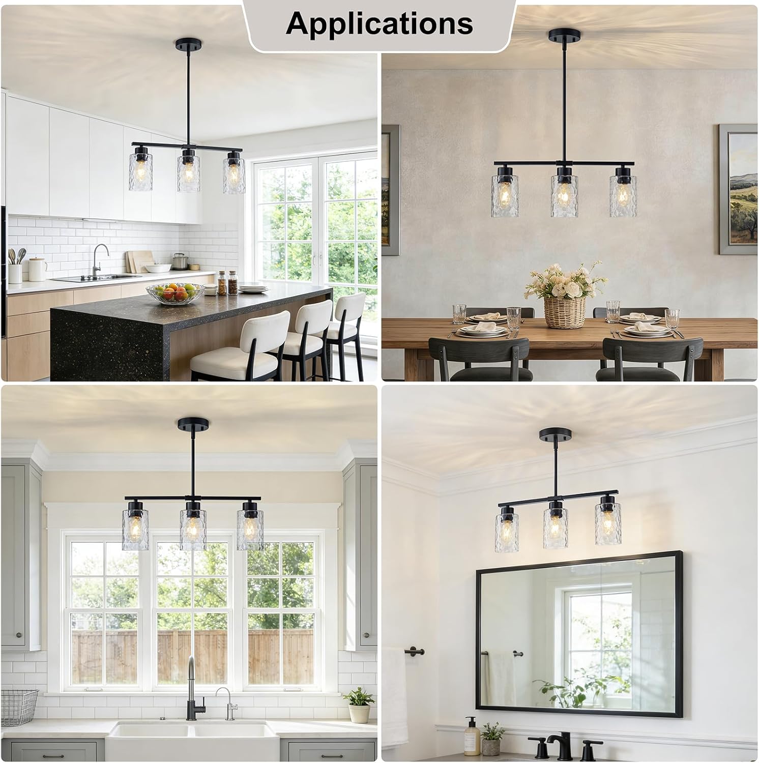 Black Hammered Glass Pendant Lights Kitchen Island Lighting, 3-Light Farmhouse Dining Room Light Fixture Chandelier Over Table, Island Lights for Kitchen Pendant Light Fixtures over Sink Bathroom Bar