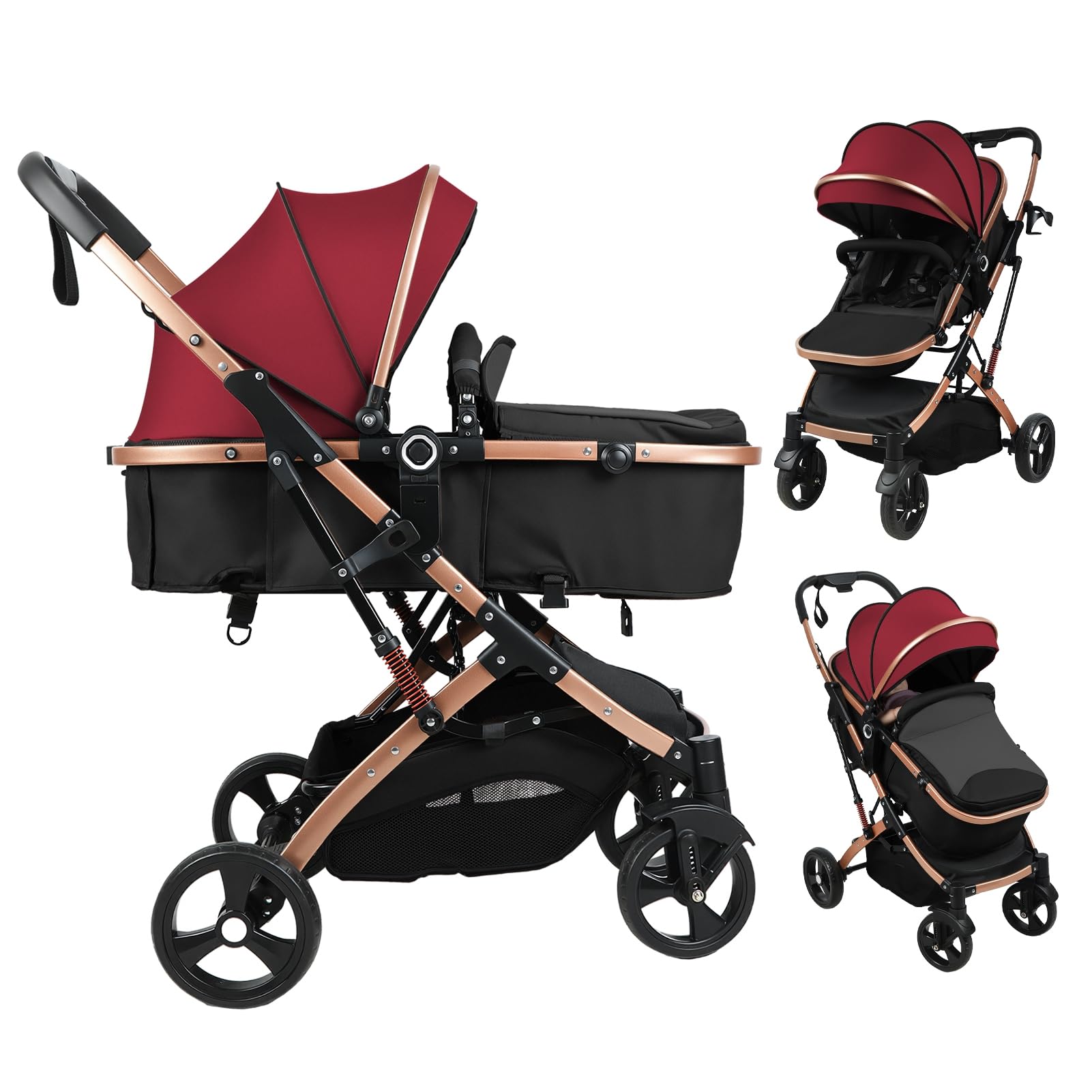 Poussette bébé 2 en 1 avec nacelle réversible, pliable à une main, naissance 0-36 mois, dossier réglable, capote ajustable, siège bébé haut, amortissement, harnais 5 points Vin rouge