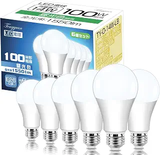 Tengyuan LED電球 E26口金 14W 100W形相当 昼光色 6500K 1550lm 【6個入り】 | 広配光 高輝度 高演色性 省エネ 密閉形器具対応 断熱材施工器具対応 調光不可