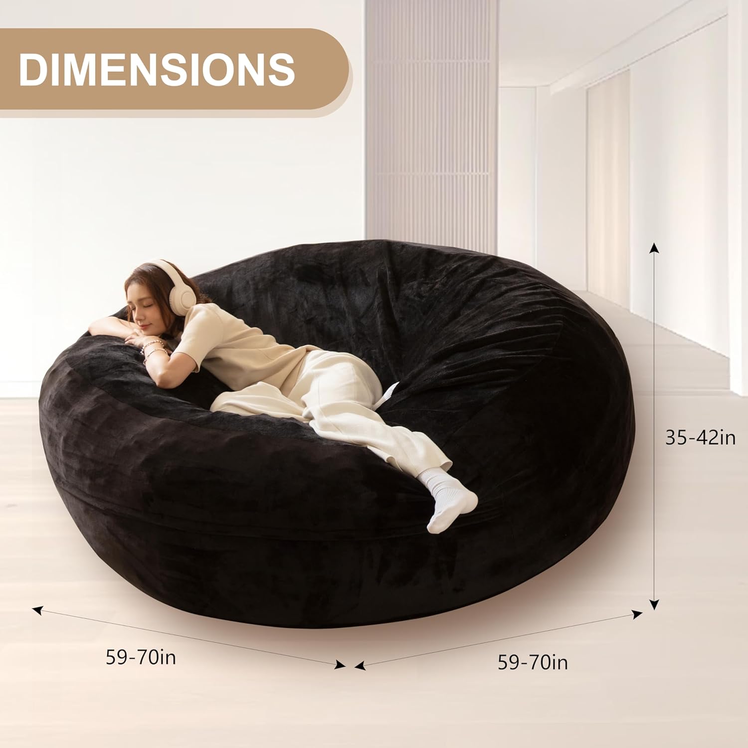Bean Bag Chair for Adults, Floor Bean Bags Offers Ample Space for Adults,Memory Foam Giant Bean Bags,Lounger Versatile Design Suits Any Room,Movie Nights,Reading(Black,6FT)
