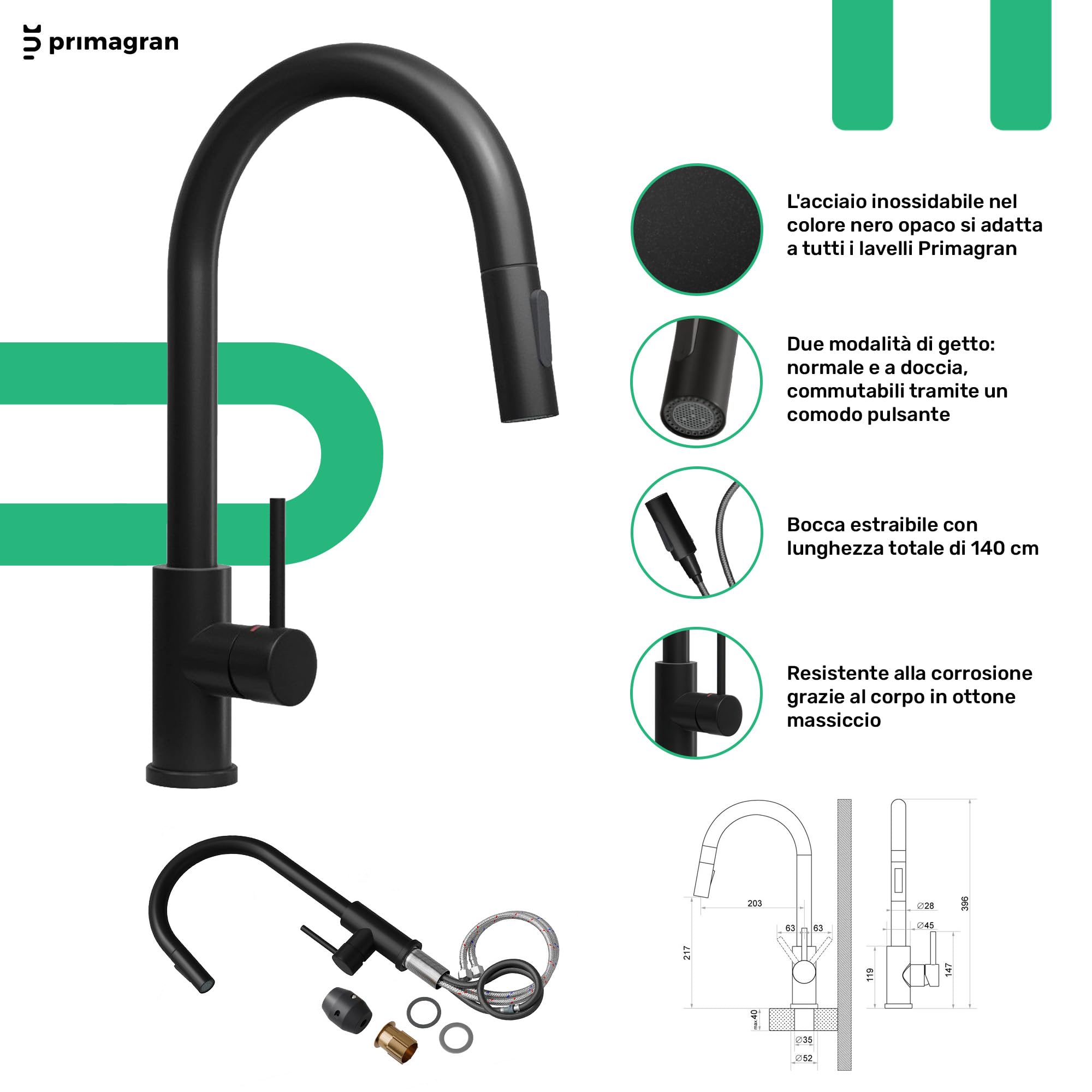 PRIMAGRAN Lavandino da Cucina Tutto Nero 90x50cm, Lavello in Granito a 1 vasca + Rubinetto 40x20cm + Set di accessori, Lavabo da Cucina Incasso al Mobile 60cm - Copenhagen Top S734