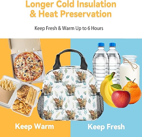 Miniatura 6 de Highland - Lonchera de vaca para mujeres y niñas, pequeñas bolsas de almuerzo aisladas, bonita lonchera reutilizable para adolescentes y niños,