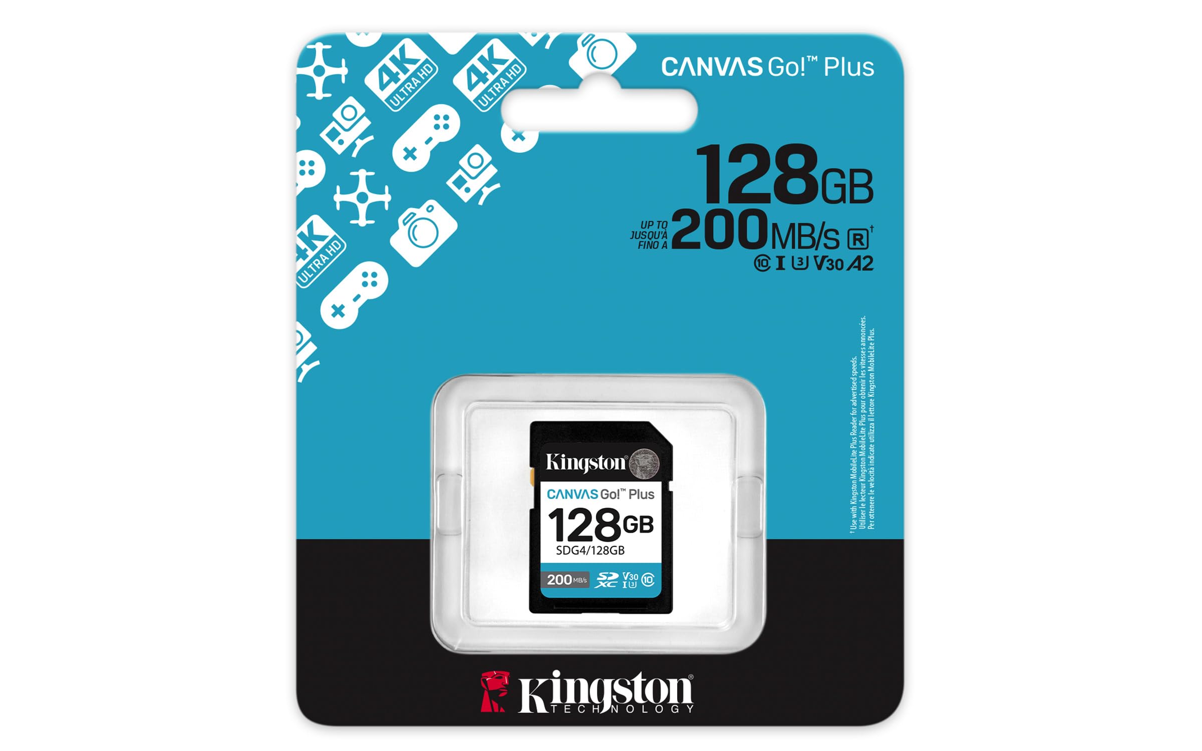 Kingston Canvas Go Plus SDXC Memory Card Gen4 200MB/s C10 UHS-I U3 V30 128GB-SDG4/128GB