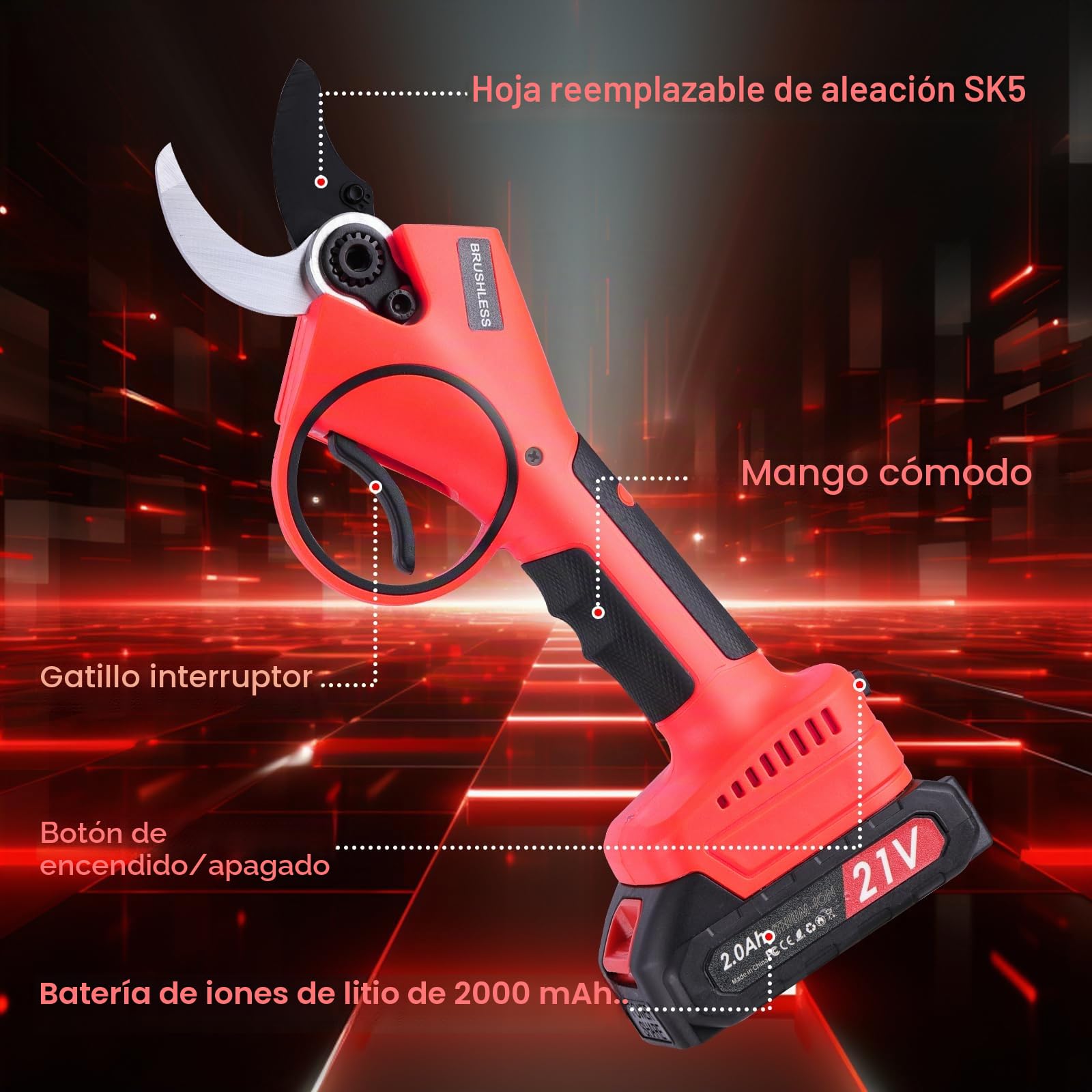 Tijeras de Podar Eléctricas 40 mm, Tijeras de Podar a Batería Profesionales con 2 Baterías de 2000 mAh, Podadora Eléctrica Inalámbrica para Jardín, Huertos, Parques, Olivos, Viñas y Manzanos