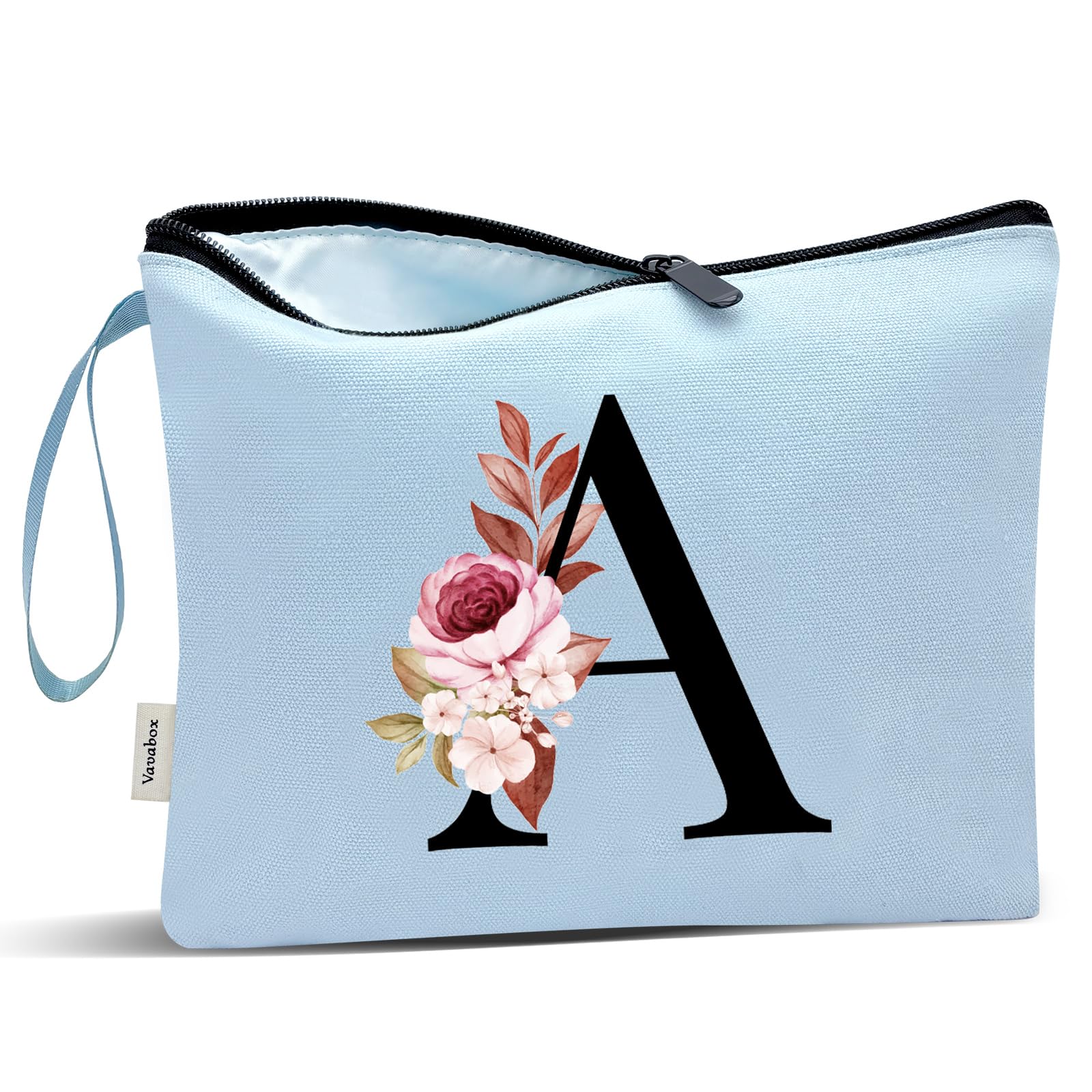 Vavabox A-Z Personalized Makeup Bag, Birthday Gifts for Women Mom, Gifts for Best Friend, Bride Bridesmaid Cosmetic bag (A, Blue)