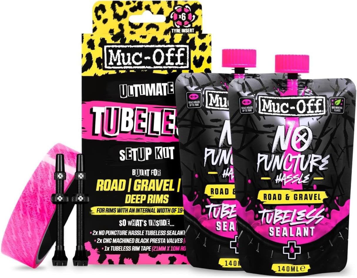 Muc-Off Ultimate Tubeless Setup Kit, Road/Gravel/CX 60mm - Tubeless Conversion Kit for Bikes - Includes Tubeless Tire Sealant and Tubeless Valve Stems