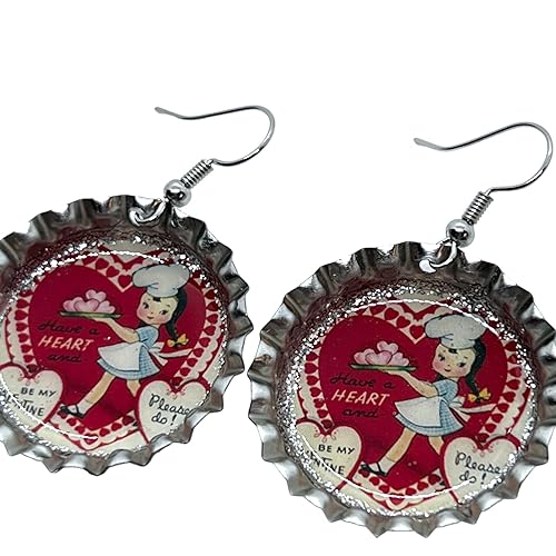 Miniatura 2 de Vintage Valentine, Have a Heart, Bottle Cap Earrings, Retro Jewelry