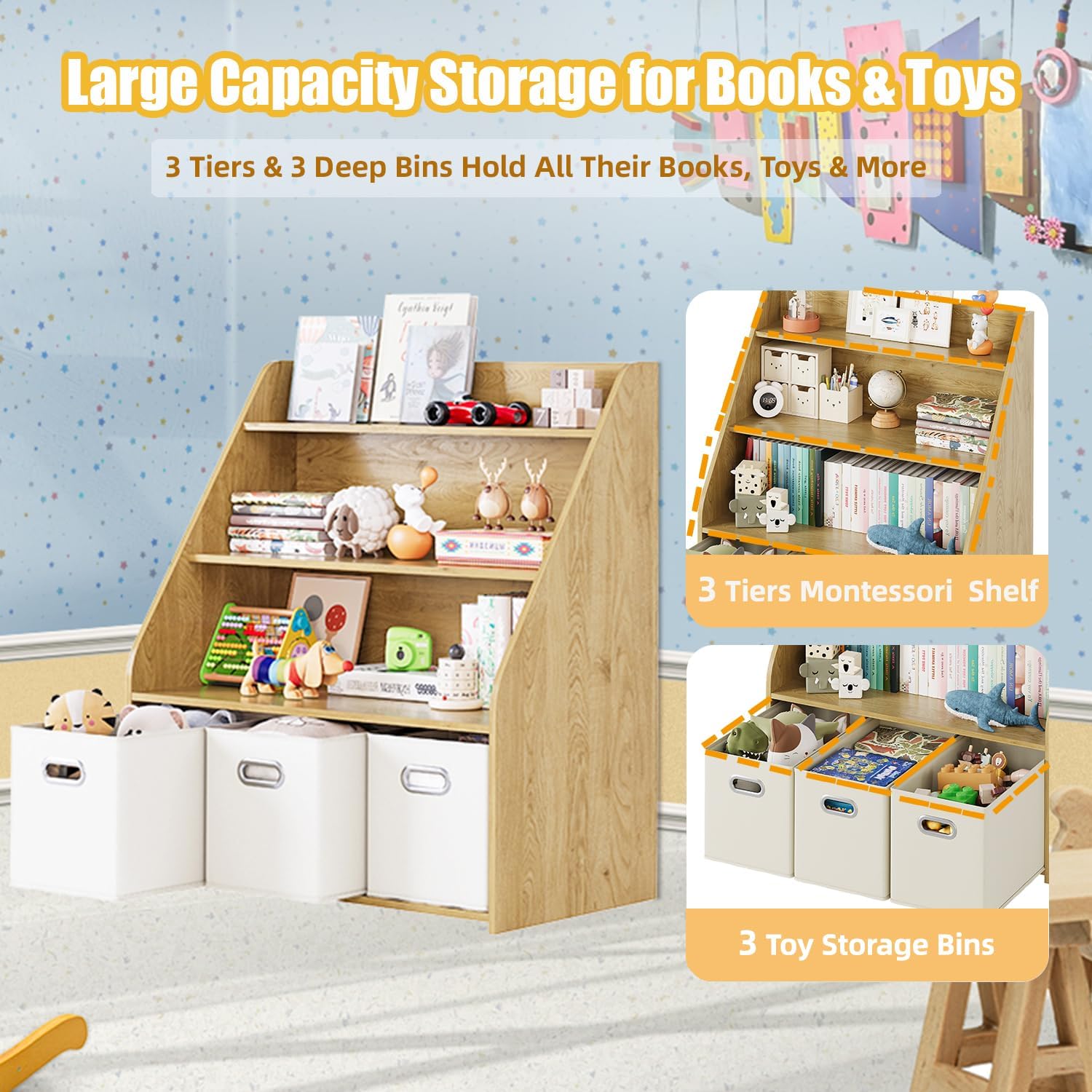 Kids Bookshelf and Toy Organizer, 3 Tier Toy Organizer Organizer with 3 Removable Drawers, Montessori Toy Rack, Kindergarten Bookshelf, Kids Room, Living Room, Nursery