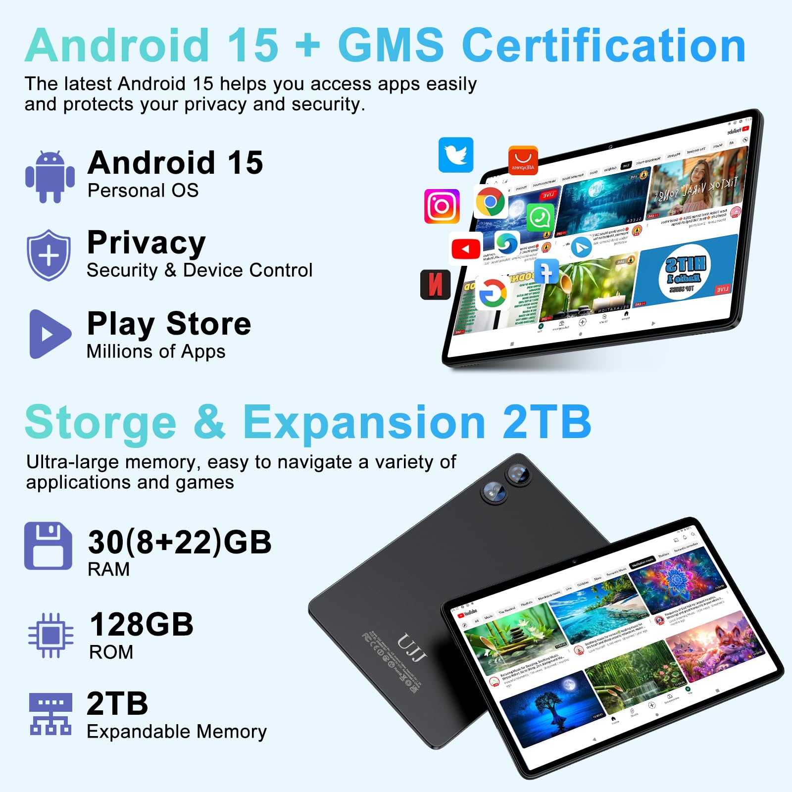 新品　Android15 タブレット 30GB+128GB+2TB 5GWiFi Android 15 Tablet 30GB RAM 128GB ROM 2TB Expand, 10 inch Tablets