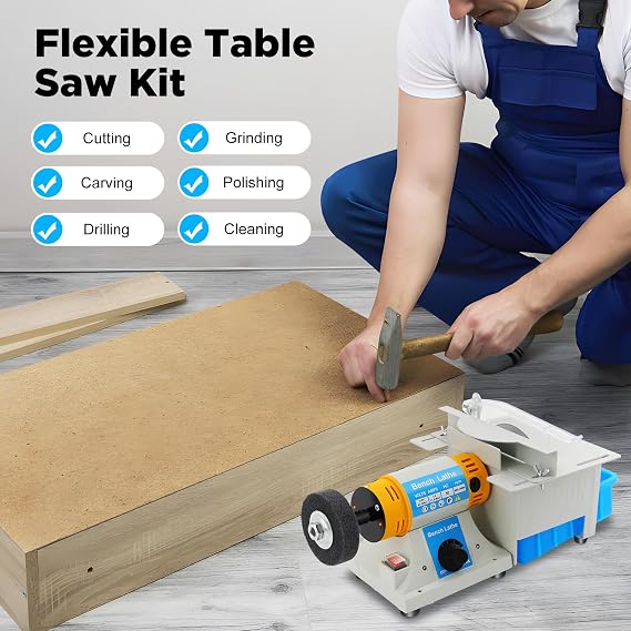 Multi-Functional Mini Table Saw, 2 in 1 Desktop Electric Saw & Lathe Machine, Benchtop Woodworking Machine for Cutting Grinding, Heating up to 30 C, 0-4mm Grinding Head
