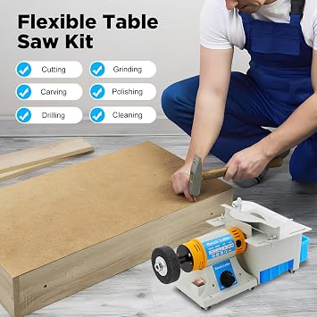 Multi-Functional Mini Table Saw, 2 in 1 Desktop Electric Saw & Lathe Machine, Benchtop Woodworking Machine for Cutting Grinding, Heating up to 30 C, 0-4mm Grinding Head