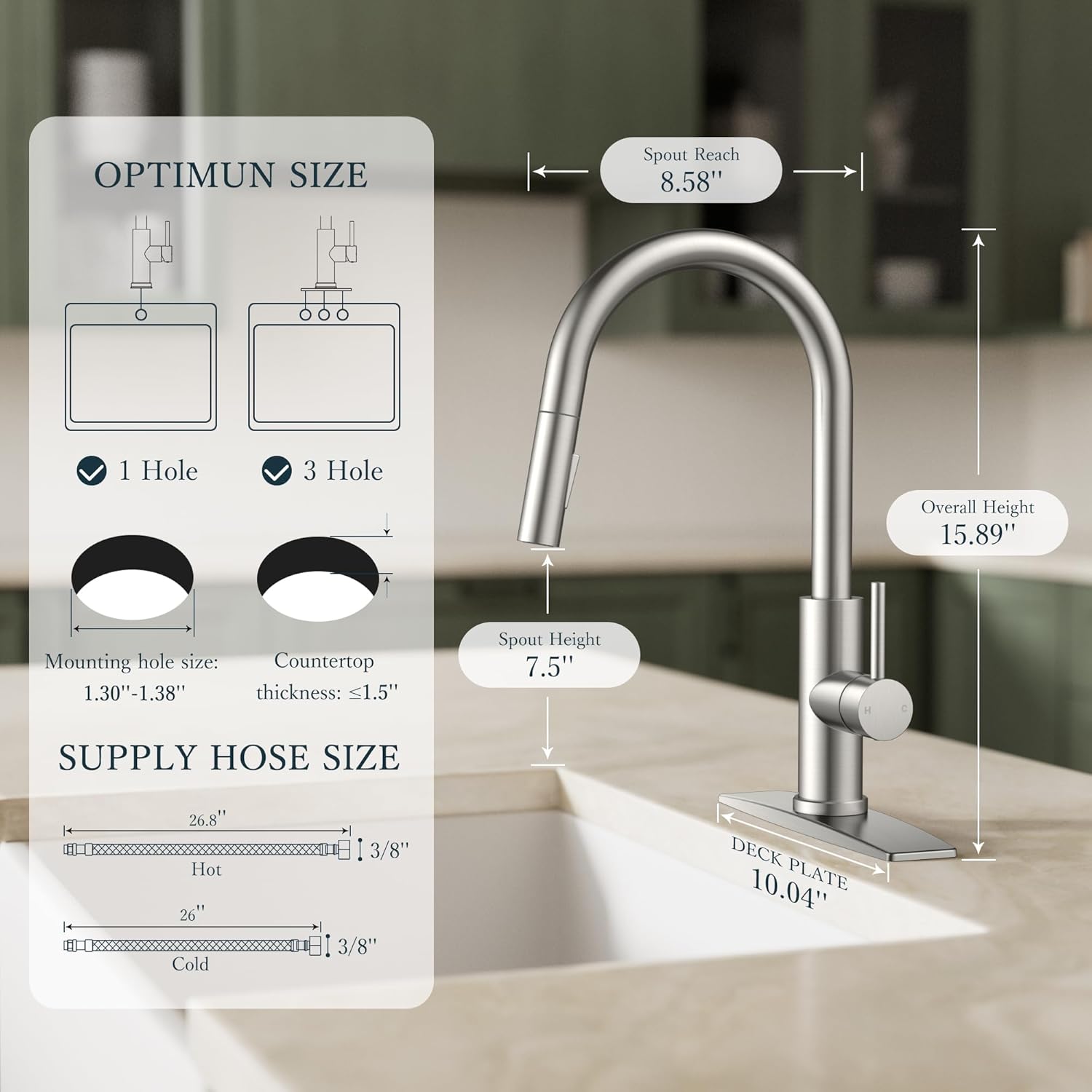 FORIOUS Kitchen Faucets with Pull Down Sprayer, Brushed Nickel Classic Single Handle Stainless Steel High Arc Faucet for Kitchen Sink, 1 Hole with Deck Plate Sink Faucet for Bar RV Farmhouse Laundry