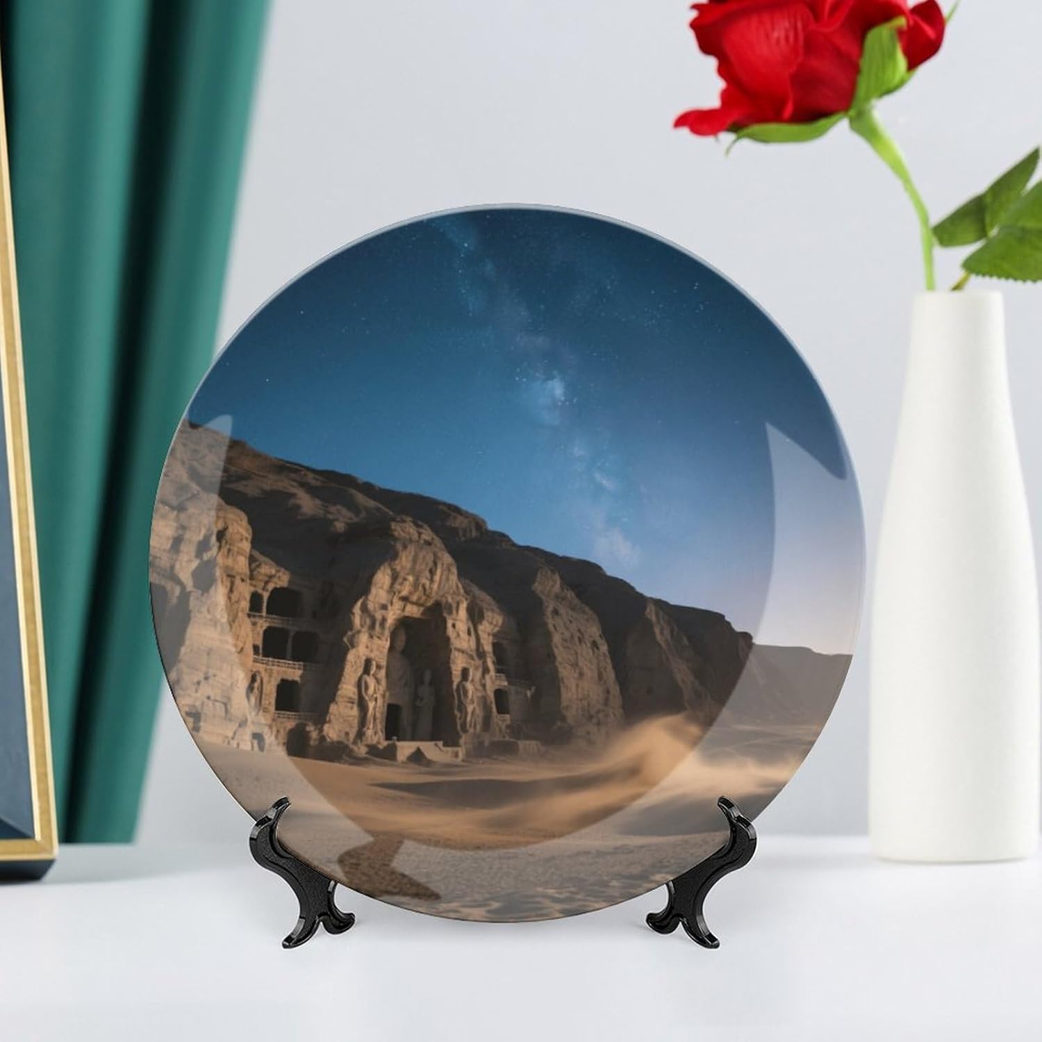 Bone China Decorative Plates Mogao Grottoes in Dunhuang Ceramic Decorative Plate Wall Decor with Display Stand Ceramic Ornaments for Wall Hanging Decoration