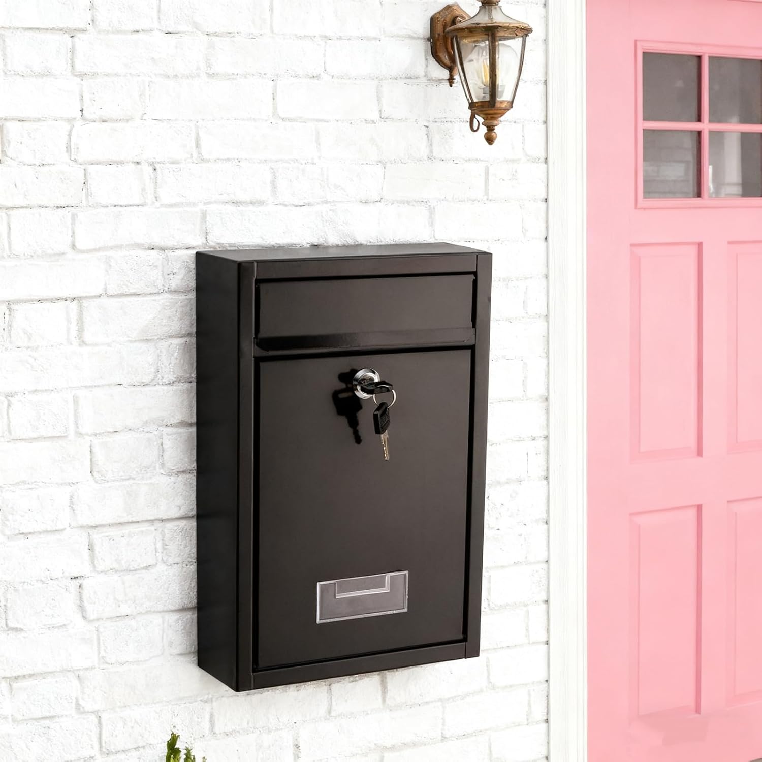 DEAYOU Wall Mount Mailbox for Outside, Mail Box with Key Lock, Steel Cover Metal Drop Box, Dropbox with Slot for Envelope, Home, Office Business, Decor, 12.6" H x 8.5" L x 3.3" W, Black