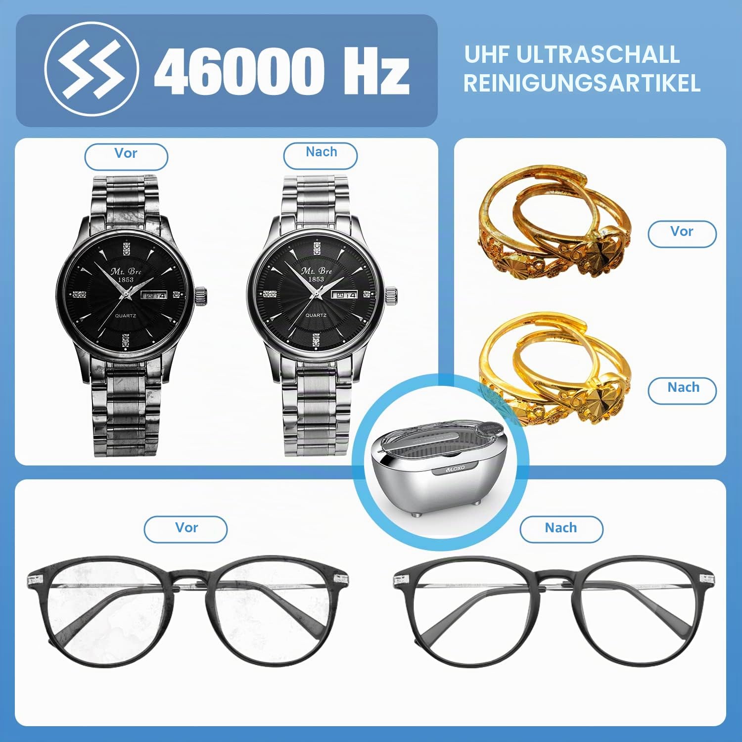 VLOXO Ultraschallreinigungsgerät 700ml Ultraschallgerät Brillenreinigungsgerät mit Digitalanzeige, Touchscreen und 5 Zeiteinstellungen Ultraschallbad für Uhren Schmuck Zahnprothesen Brille Silber
