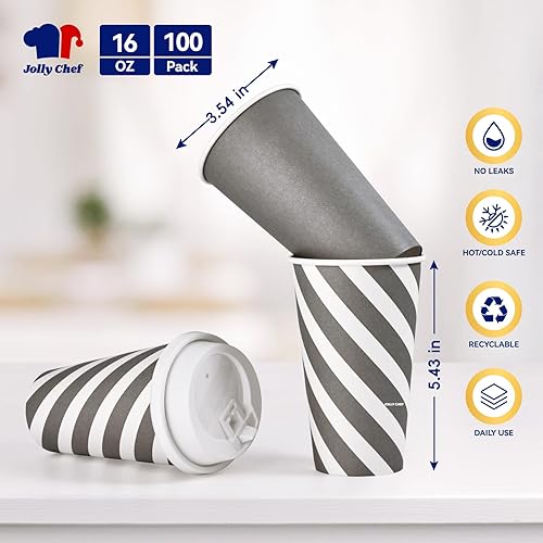 Miniatura 2 de JOLLY CHEF Paquete de 100 tazas de café de papel de 16 onzas, tazas calientes impresas desechables con tapas para el hogar, negocios, restaurante y
