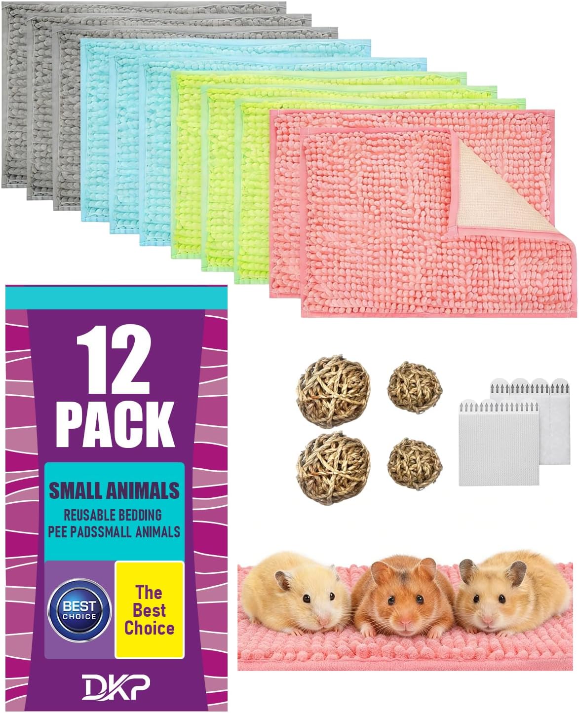 12PCS Guinea Pig Bath Mats Set, Washable, Reversible Guinea Pig Bedding Fleece Liner, 16x12 Inch Guinea Pig Mats for Cage Include Tooth Grinding Toy, Reusable Pet Pee Pads for Rabbit, Bunny, Hamster