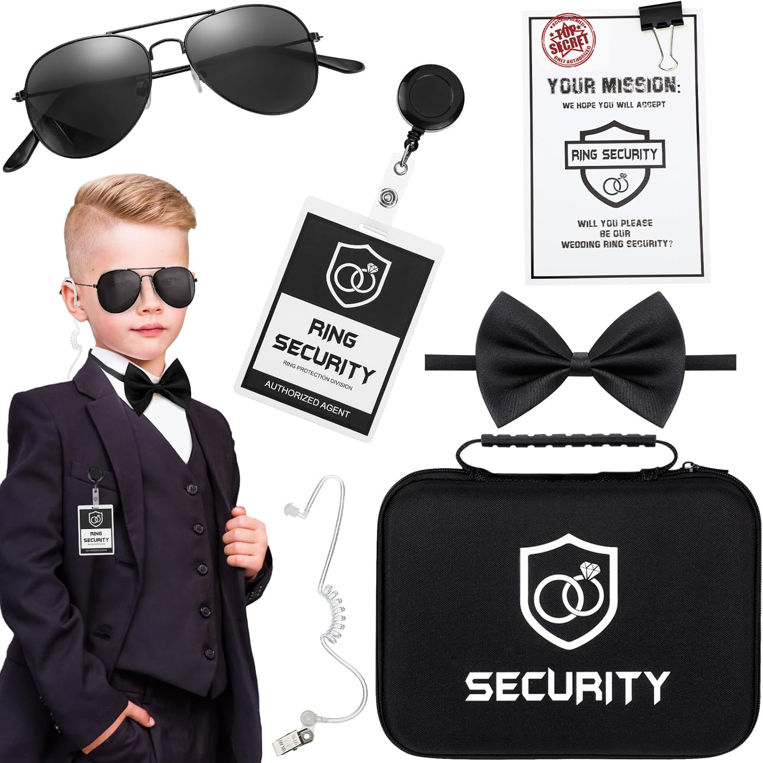 Mepase 14 Pcs Ring Wedding Bearer Security Set Include Ring Bearer Box ID Badge Holder Sunglass Acoustic Earpiece Tube Mission Card with Binder Clip Bow for Kids (Pp Suitcase)