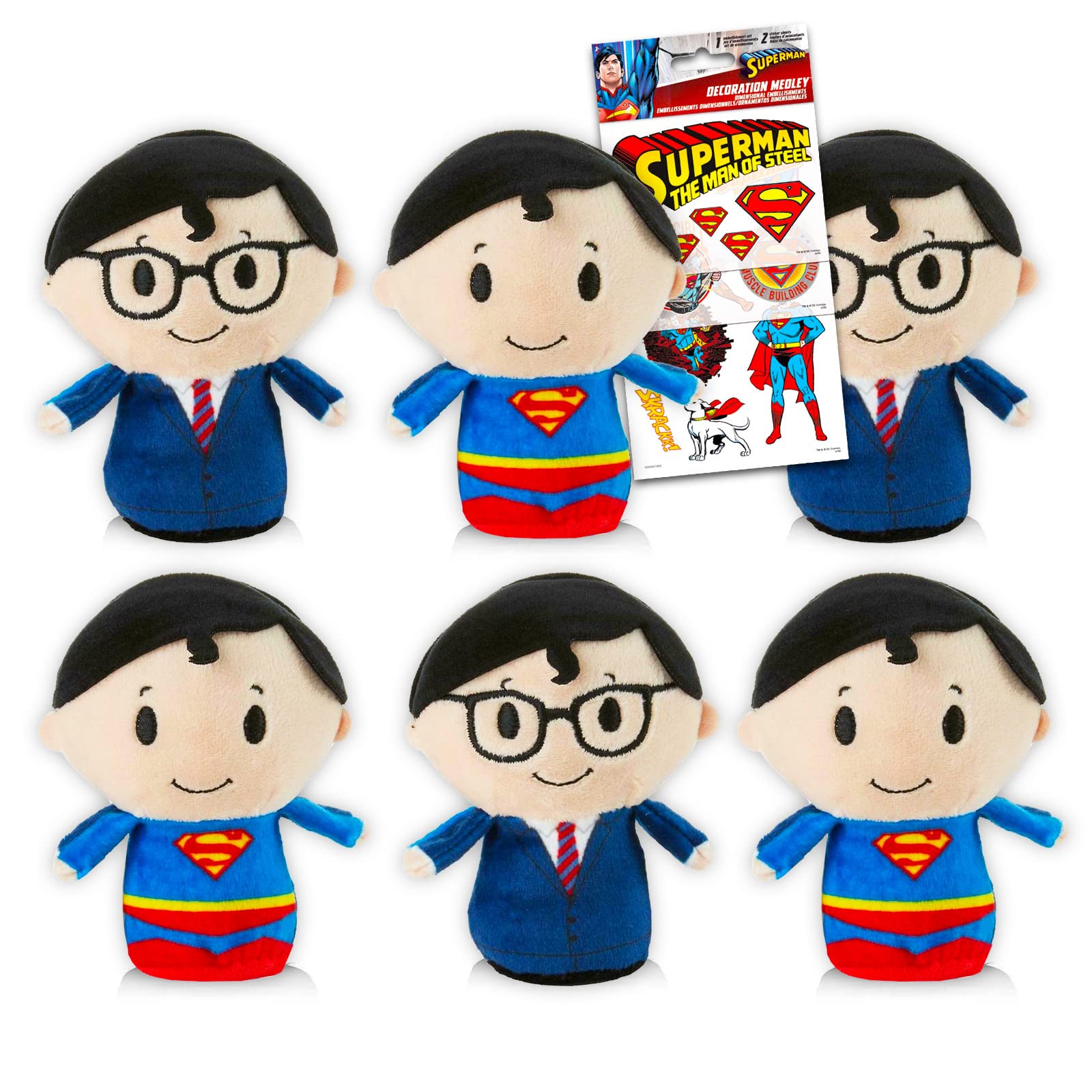 DC Comics Superman Party Favors Bundle Superman Party Gifts - 6 Pack Superman Stuffed Toy Set with Superman Stickers (Superman Clark Kent Dolls for Boys Girls)