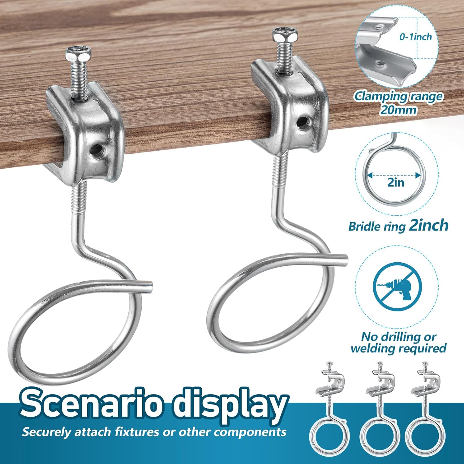 Hicarer 100 Set 1/4" x 20 Beam Clamp Steel Small C Clamps with Screws Metal Machine Threaded Bridle Rings Cable Ring Hangers for Pipe, Can Withstand 75 Lbs (2 Inch Bridle Rings)