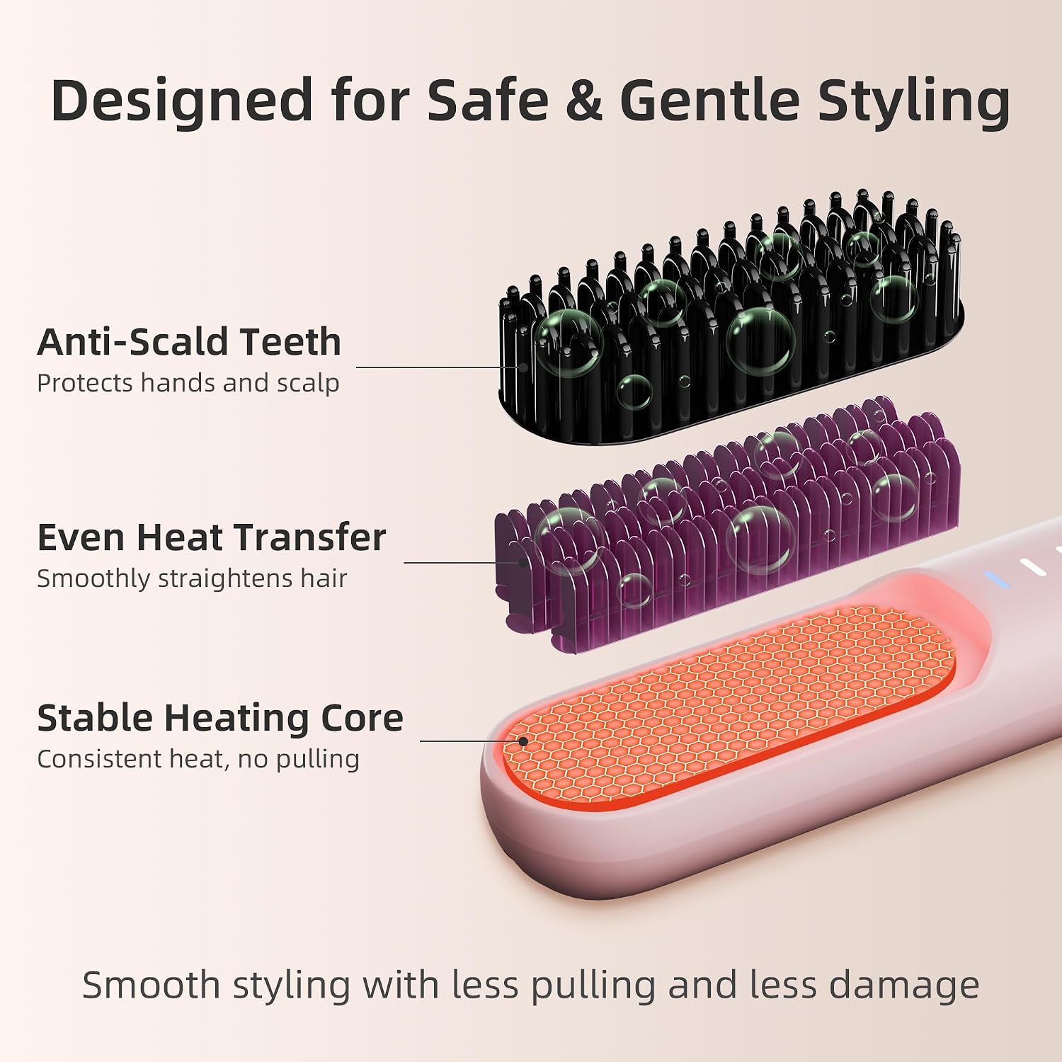 Cordless Hair Straightener Brush, Mini Hot Comb for Women, USB Rechargeable Travel Brush with Negative Ion Technology, Fast Heating, 4 Temperature Settings, 30-Minute Auto Shut-Off