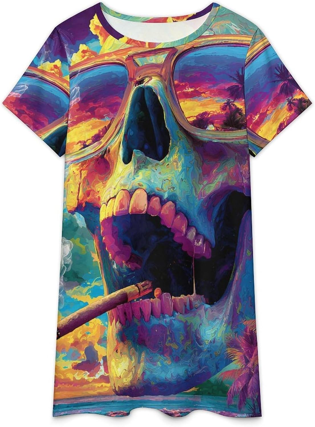 Colorful Psychedelic Skull Women's Nightgown Short Sleeve Sleep Shirt Casual Sleepwear Night Gowns Sleepdress