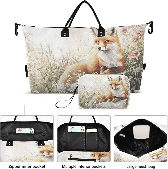 Duffel Bag for Traveling, Fox Sit Garden Travel Bag Gym Bag, with Multiple Interior Pockets Shoulder Weekender Bag for Women Men with Toiletry Bag 20.5L x 1.9W x 13.8H