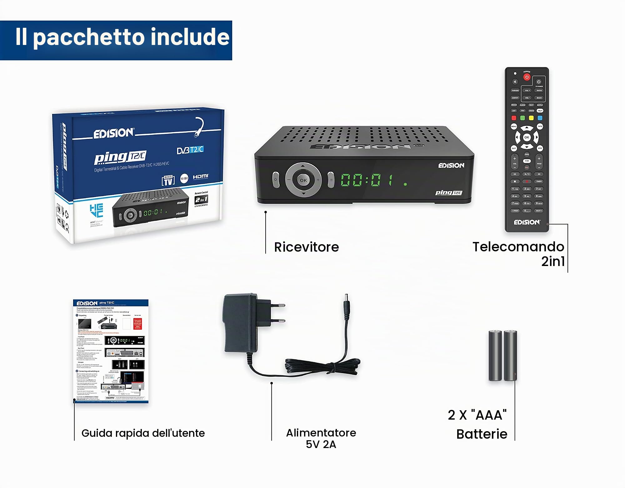 EDISION PING T2/C Decoder DVB-T2 HD Ricevitore Digitale Terrestre H265 HEVC 10 Bit Bonus TV, 2xUSB, HDMI, SCART, LAN, Sensore IR, RS232, Supporto USB WiFi, Telecomando Universale 2in1, Main 10
