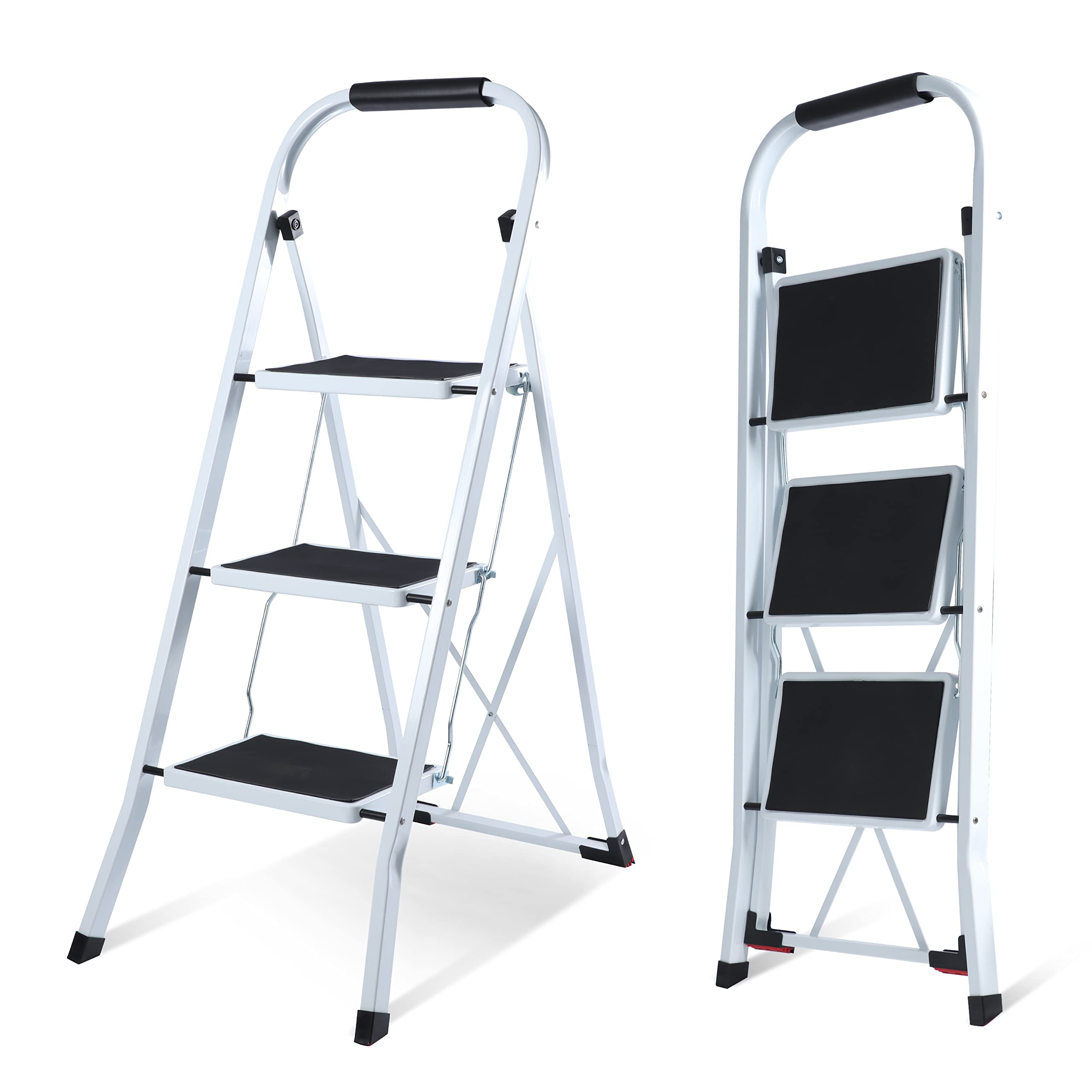 Eprosmin 3 Step - White 3 Step Ladder –Folding Step Ladder, Portable With Anti-Slip Mat & Comfortable Soft Handgrip, Heavy Duty Steel Step Ladder - Easy To Store Step Ladders, 150Kg Max Capacity (3 Step - White)