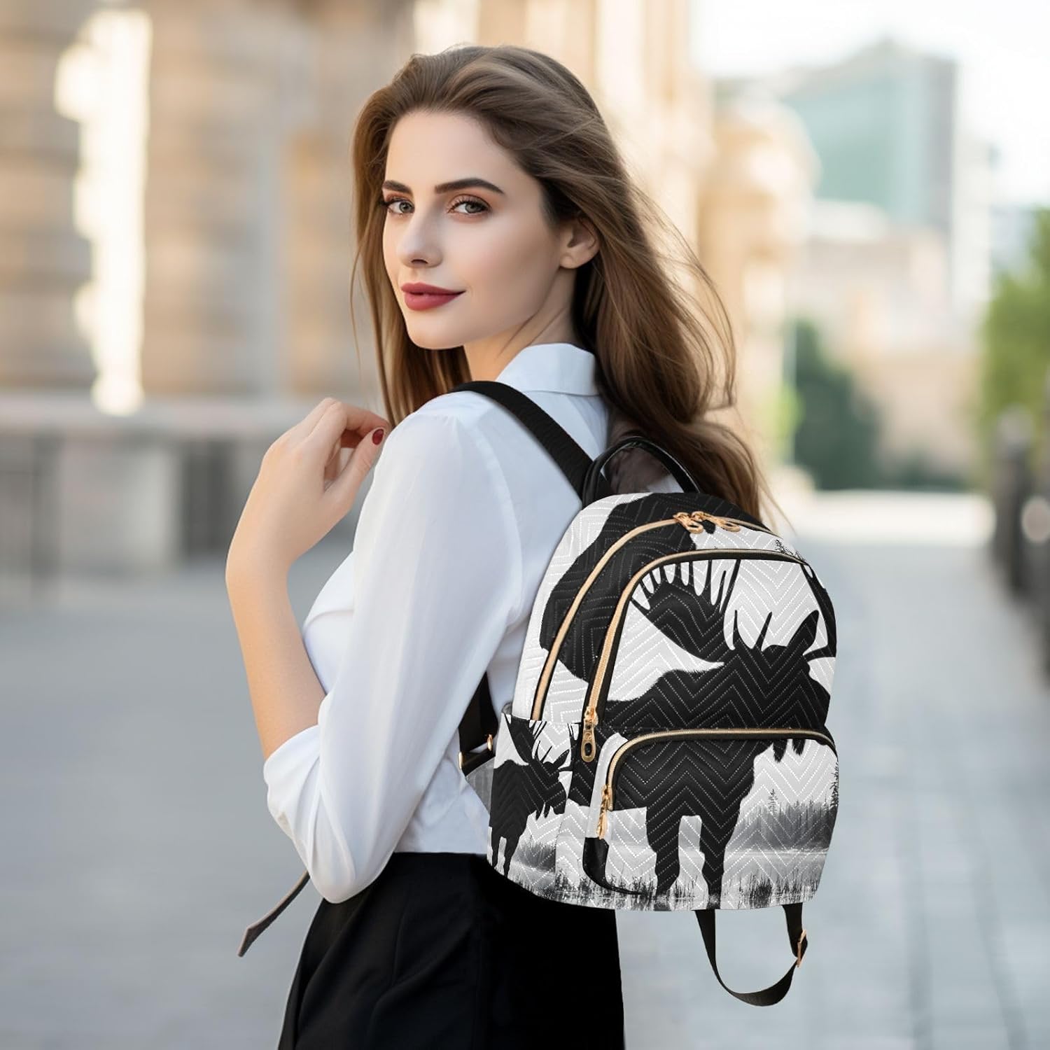 Quilted Fashion Backpack Purse Moose Silhouette Forest for Women, Shoulder Daypacks for Travel M