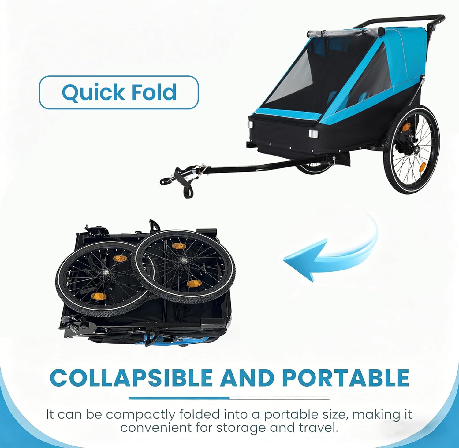 KEIKI 2 in 1 Kids Bike Trailer and Stroller for 1 to 2 Children, Jogging Function, Foldable Compact Storage with Universal Bike Hitch, 5-Point Harness and Storage Bags