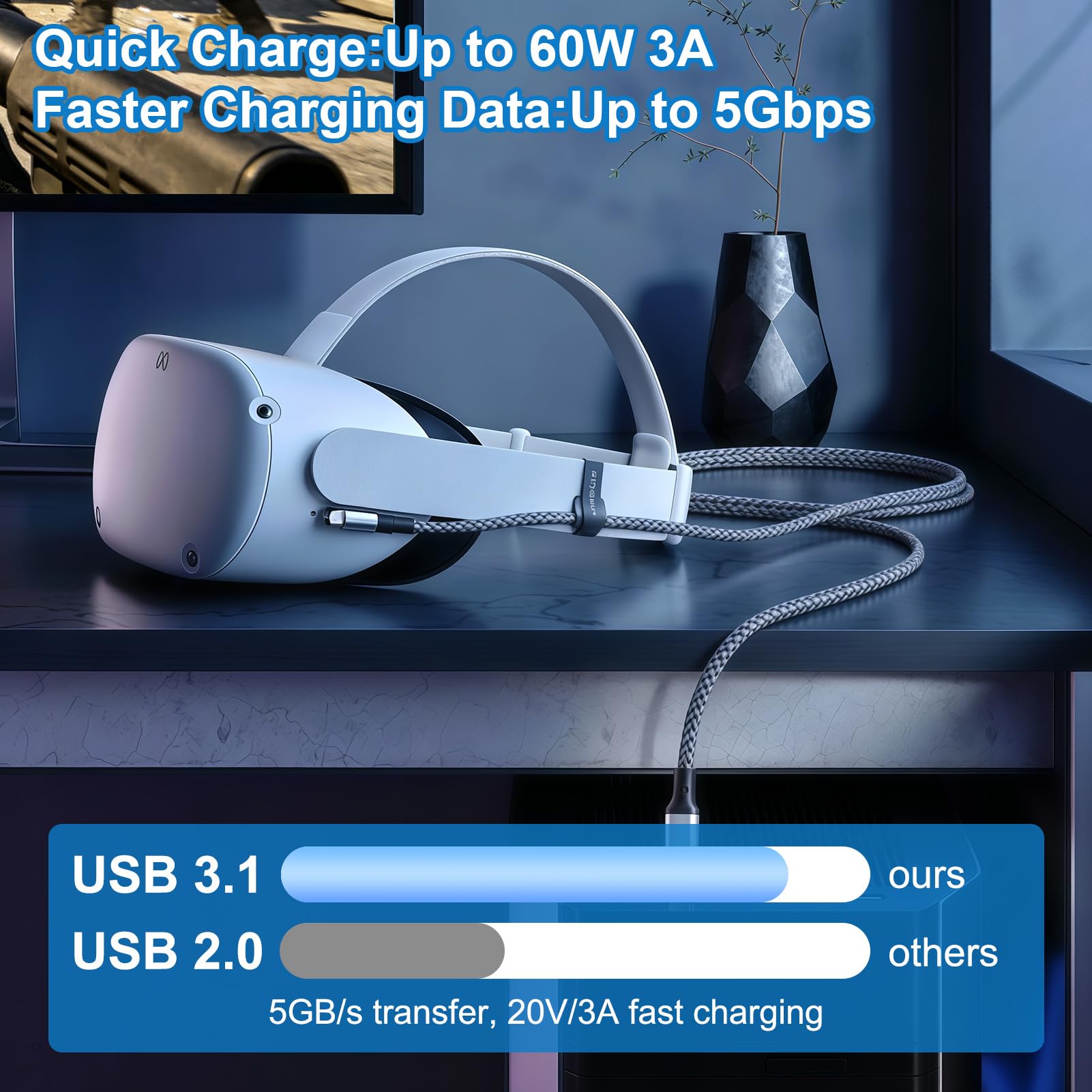 Cable Link de 3 Metros para Oculus/Meta/Quest 3S/3/2/1/Pico 4 Pro, Cable Link USB 3.1 a USB C, 5Gbps Transferencia de Datos de Alta Velocidad,Carga Rápida 60W 3A,Compatible con PC Steam VR Accesorios