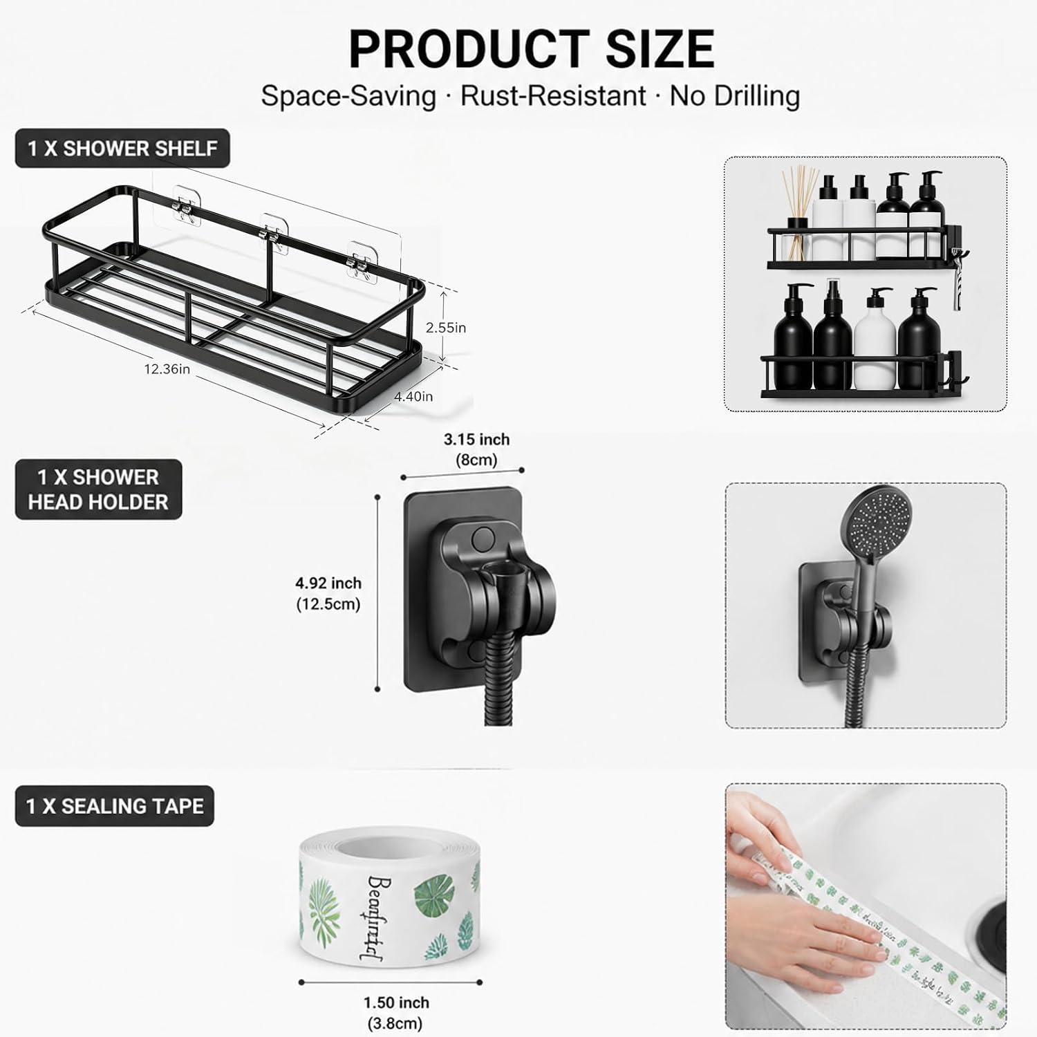 Shower Organizer Adhesive Pack - Shower Shelves - Shower Head Holder image 2