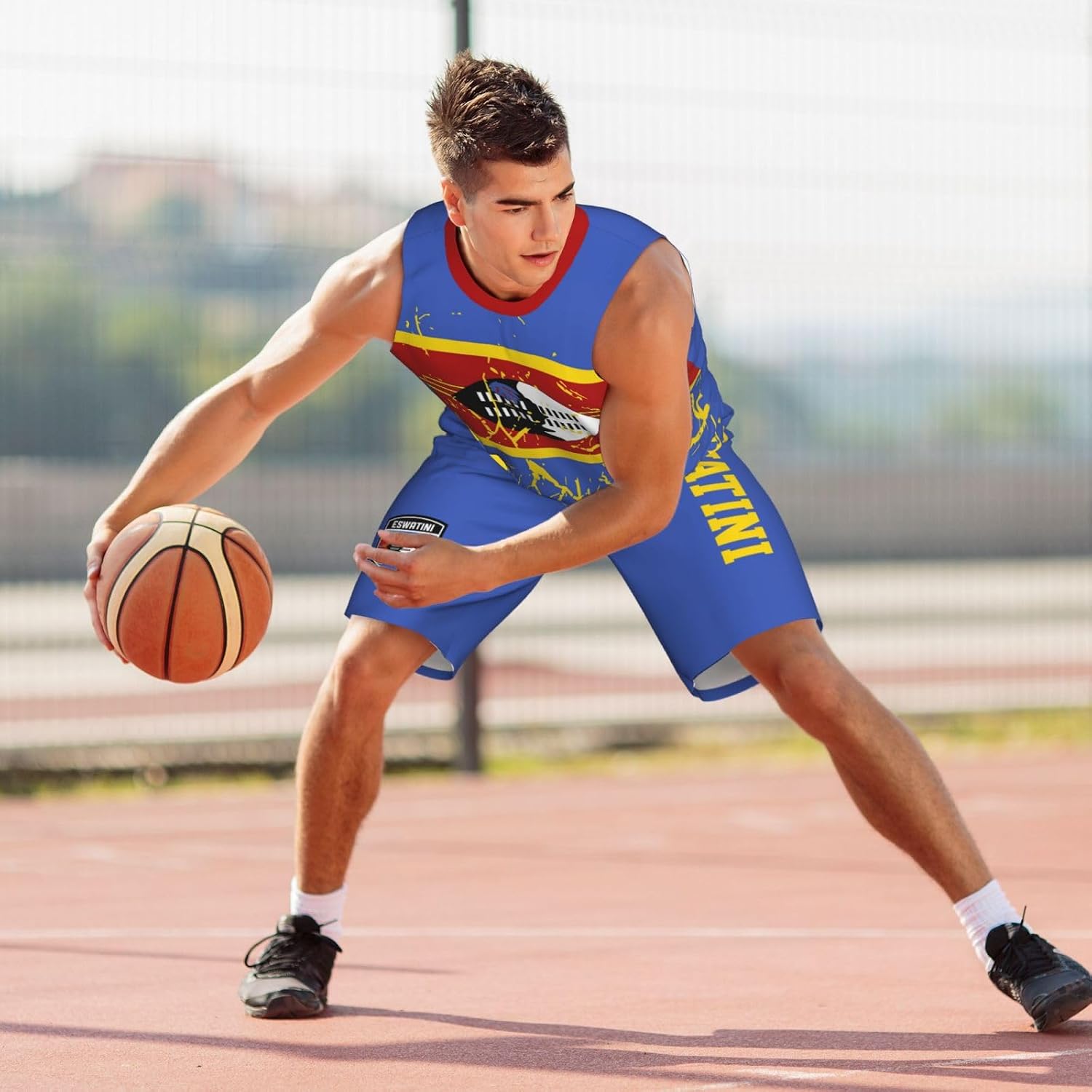 Eswatini Flag Grain (1) Basketball Jersey Uniform Suit for Men Adults Training Athletic Set