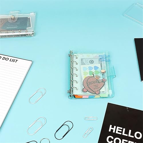 Miniatura 5 de Carpeta A7 de PVC con purpurina azul de 0.59 pulgadas de diámetro, 6 anillos con cierre de botón a presión, decoración de puntos brillantes, hojas