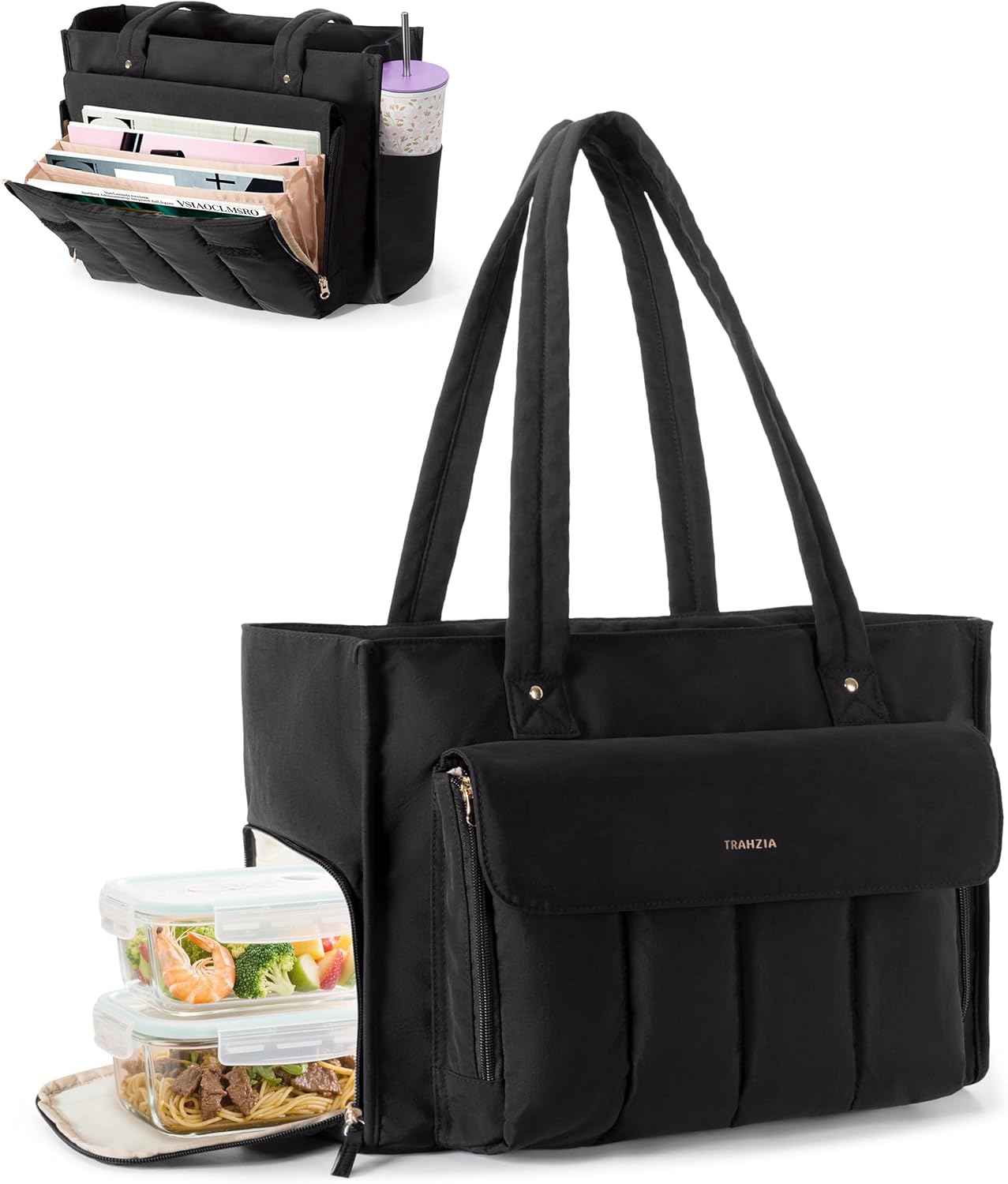 Teacher Tote Bag with Lunch Compartment and Accordion Organizer, Insulated Work Lunch Bag Fits for 15.6” Laptop for Women, Black