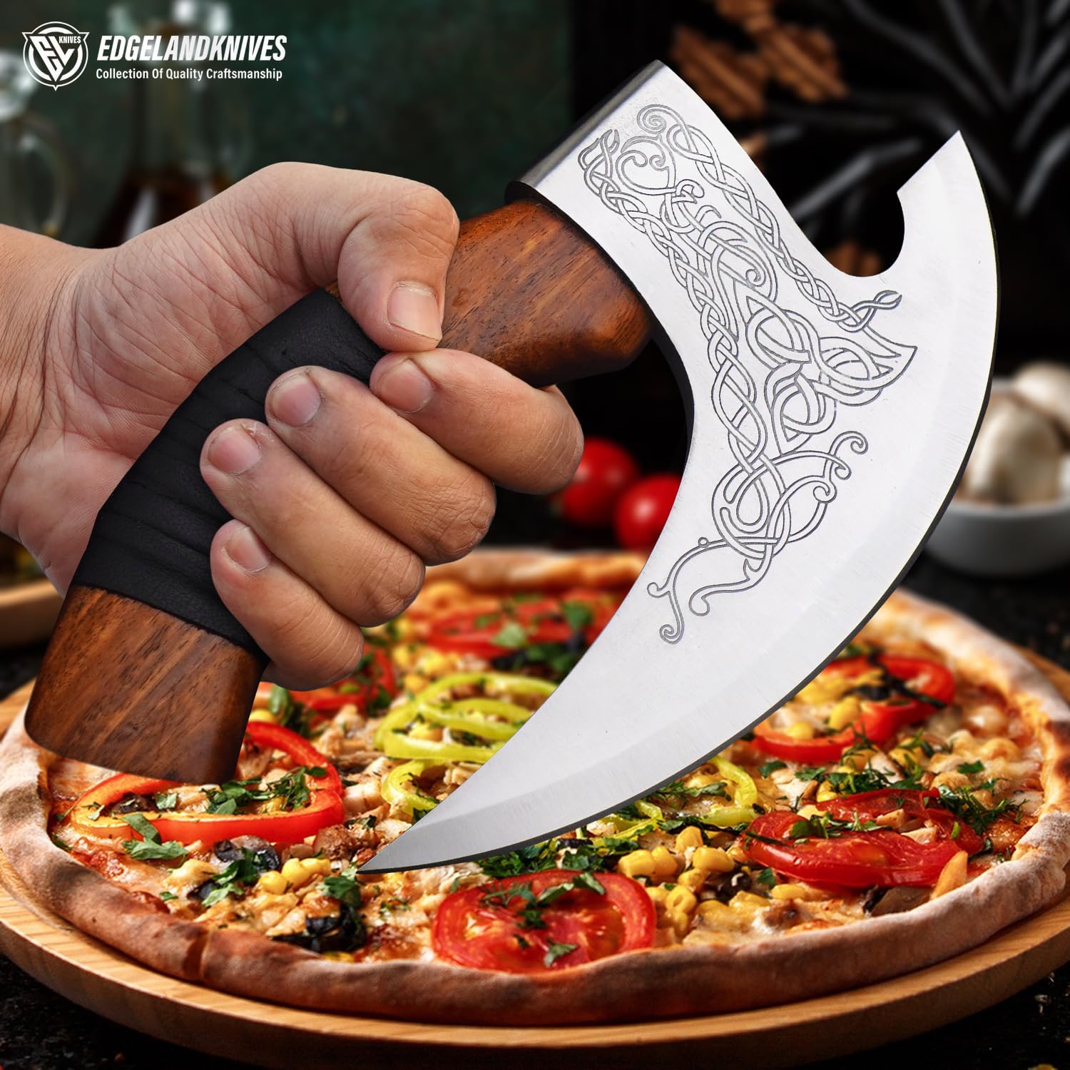 Edgelandknives® Multipurpose Viking Pizza Axe with Sheath, Viking Butcher Axe, Viking Pizza Cutter Axe - Leather Wrapped Handle & Heavy Duty Viking Head - Perfect for Cutting Pizza, Meat, Vegetables