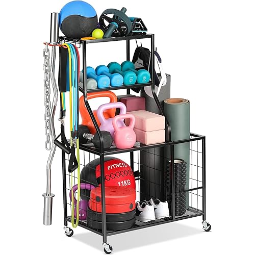 Weight Rack Home Gym Storage, Yoga Mat Storage Rack Workout Equipment Storage Rack for Dumbbells Kettlebell Resistance Band, Exercise Equipment Gym Rack Organizer with Wheel and Levelling Feet