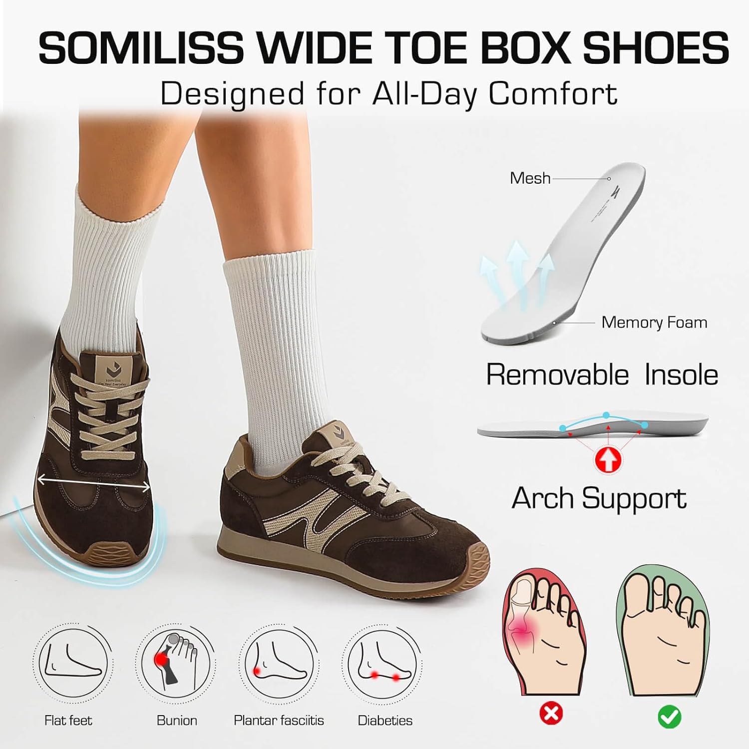 somiliss Women's Wide Toe Box Shoes with Arch Support Comfortable Wide Width Fashion Sneakers Walking Tennis Shoes Casual Retro - Image 2
