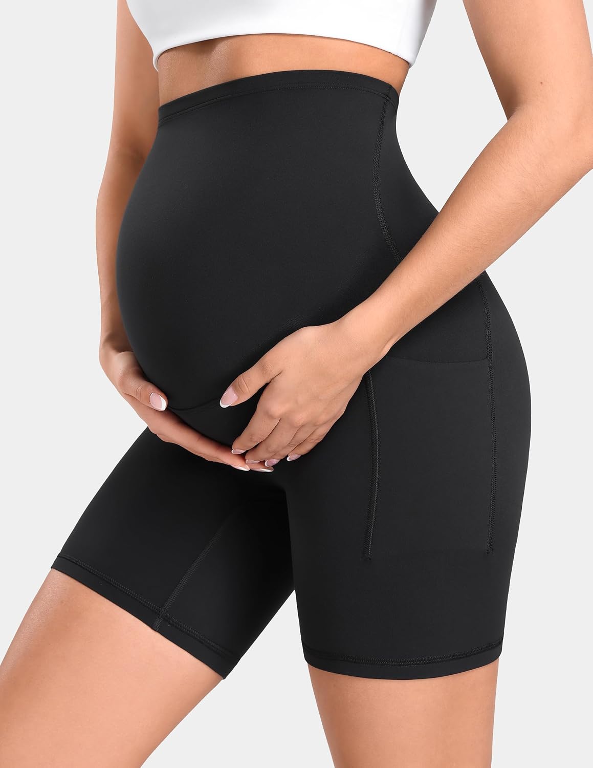 Colorfulkoala Dreamlux No Front Seam Maternity Yoga Shorts 6" Over-Belly Pockets - Buttery Soft Yoga Pregnancy Shorts
