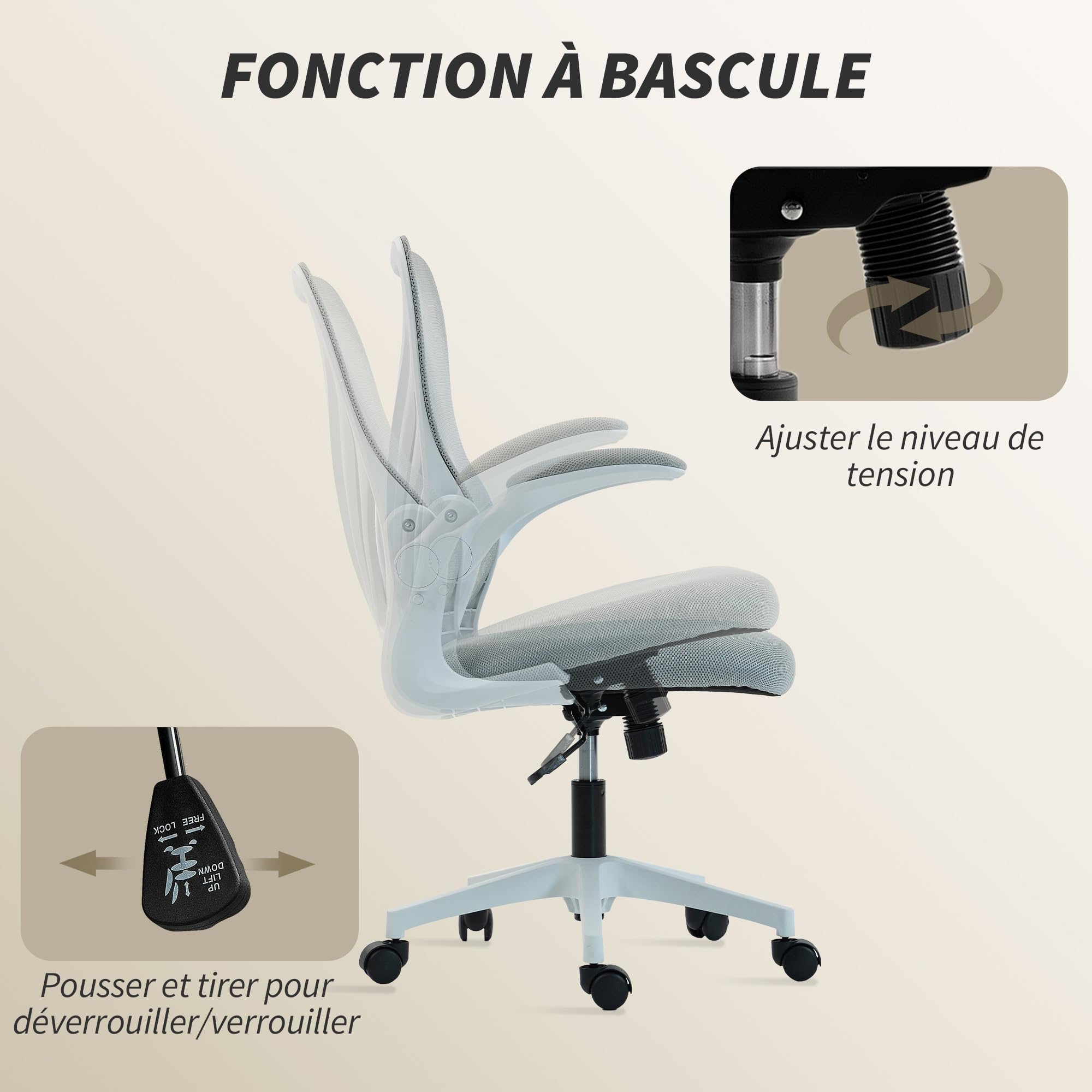 HOMCOM Chaise Bureau Ergonomique Dossier Rabattable Gris Clair