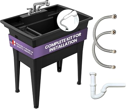 Freestanding Utility Sink with Two Handle Chrome Faucet - 32" Black