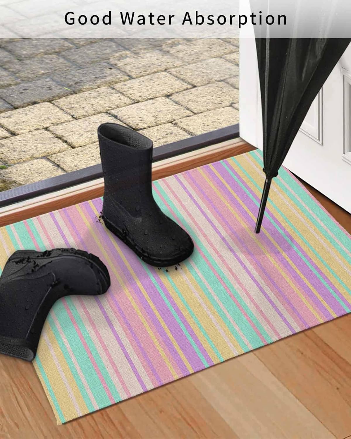 Indoor Door Mat, Pastel Colors Vertically Striped Absorbent Entrance Mat Doormat Low Profile Floor Mats for Front Back Door Entryway 24x36in Modern Vintage Linen