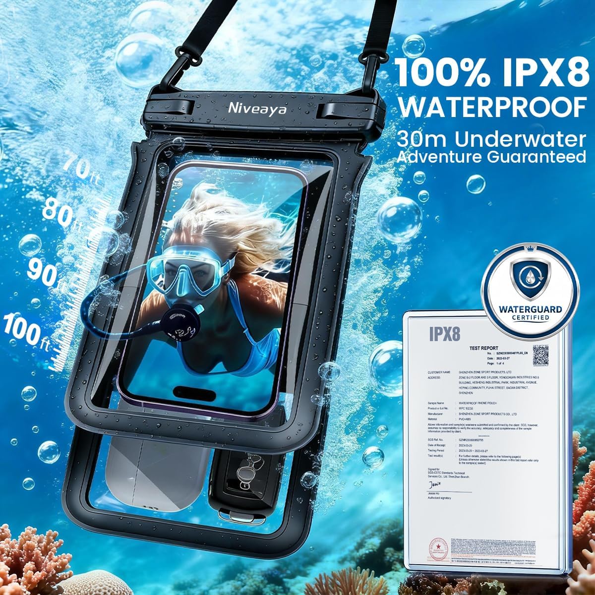 Niveaya Double Space Waterproof Phone Pouch (2-Pack) - IPX8 Phone Case Dry Bag for Beach, Kayak, Cruise Travel Essentials - Compatible with iPhone 17/16/15/14 Pro Max Galaxy S25/S24 Ultra (up to 8.3)