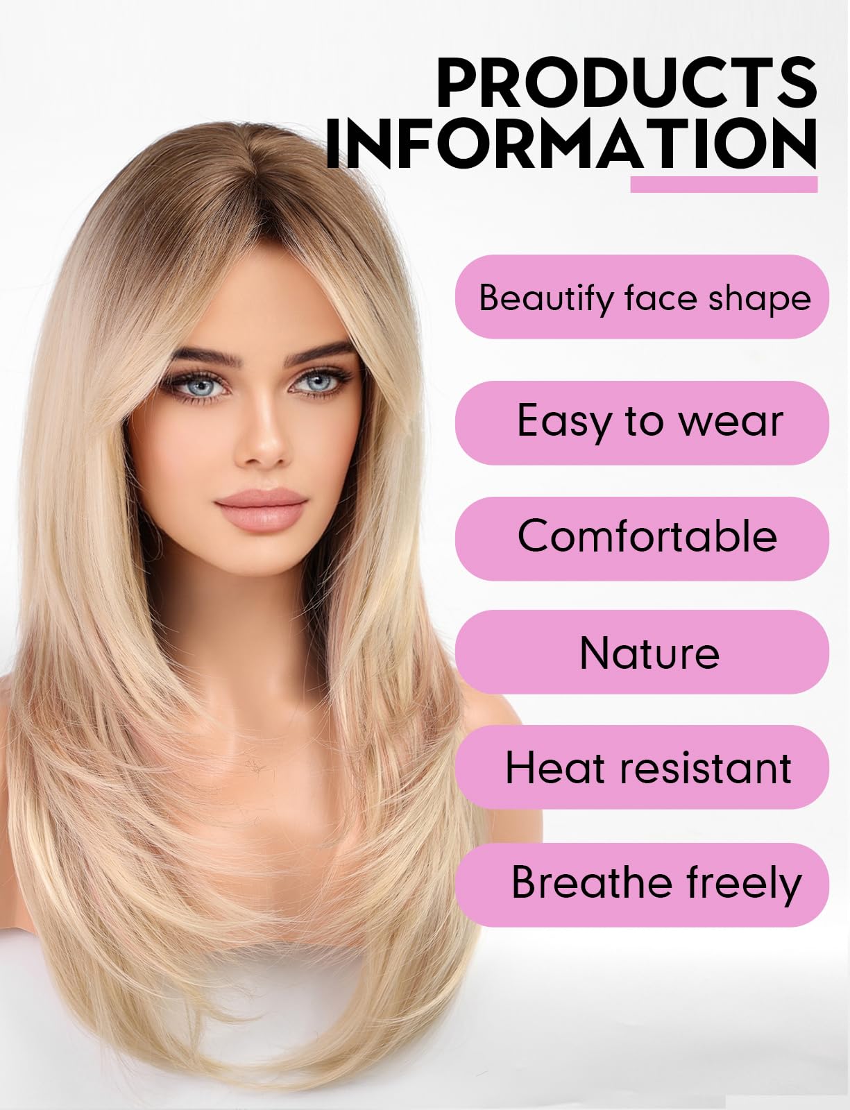 WOKESTAR Long Straight Wigs for Women with Curtain Fringe Layered Synthetic Color Hair (Ombre Mixed Brown) - Image 4